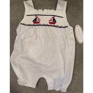 Hug Me First Smocked Baby Girl Red White Blue Sailboat Romper 0-3 Months NWT